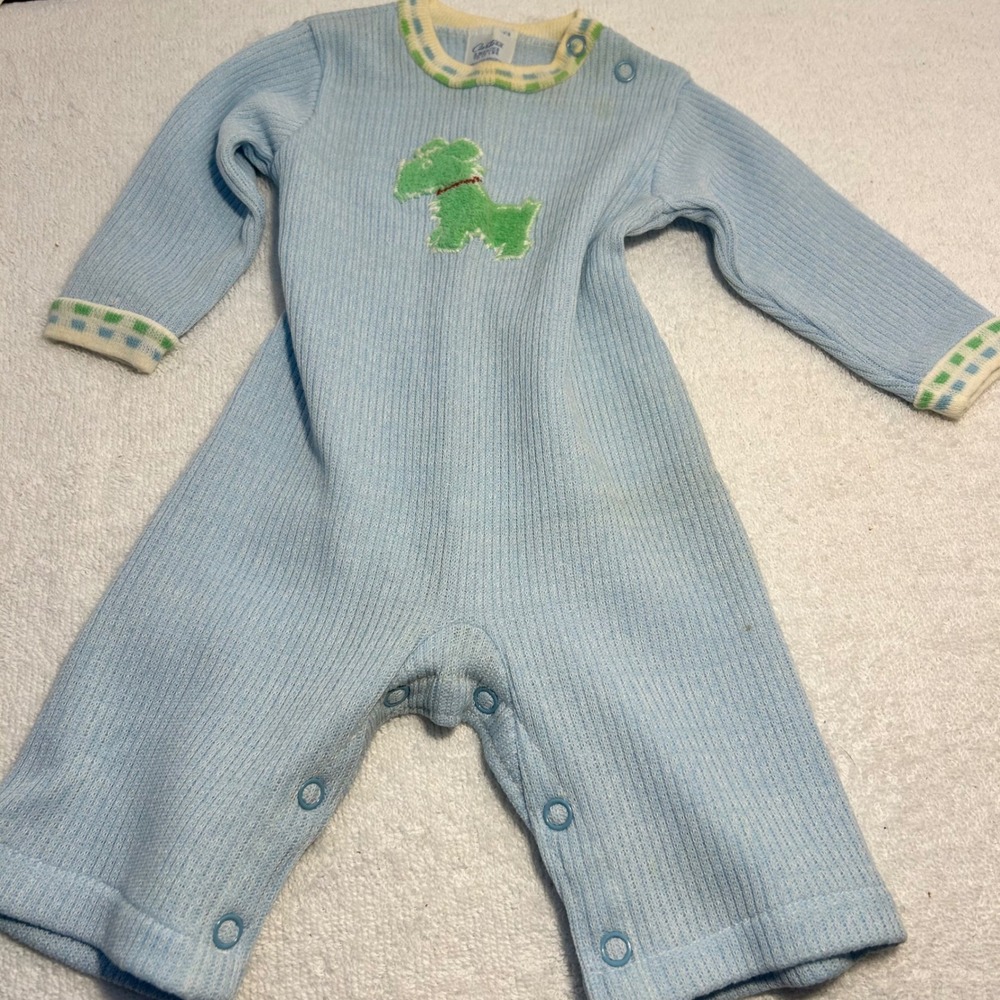 Vintage Carters Baby Romper Blue Ribbed Knit Scottie Dog 3 Months One Piece